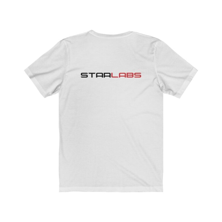 DC Justice League STAR LABS white unisex t-shirt (back)