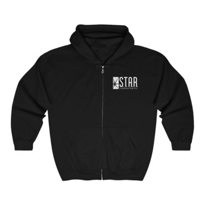 S.T.A.R. Laboratories black unisex zip hoodie (front view)