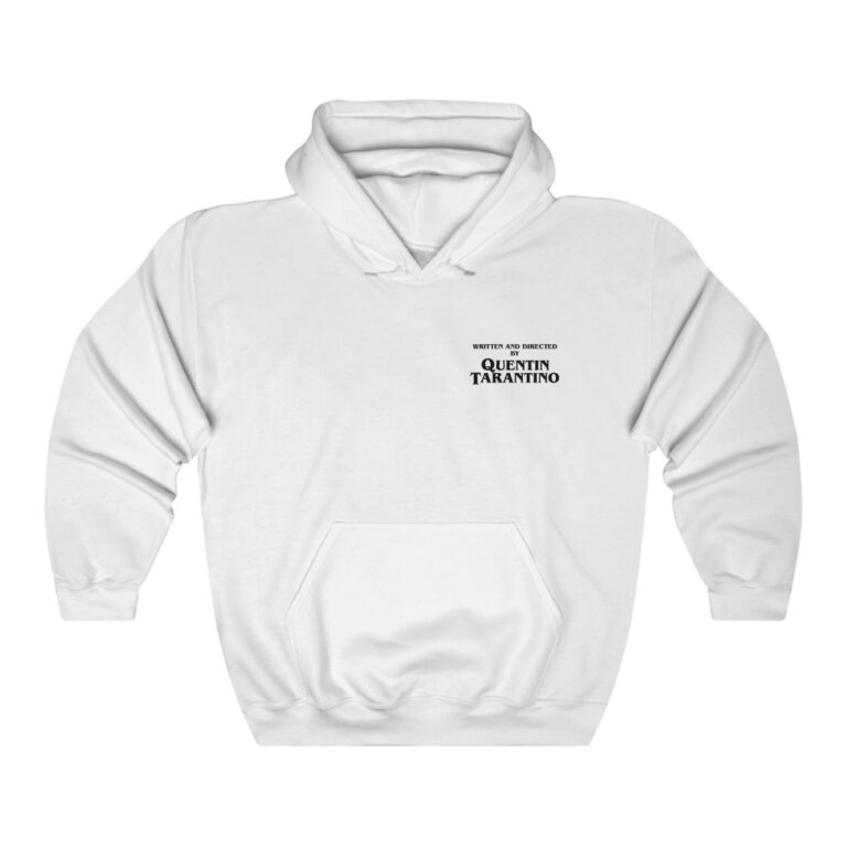 Front view - White hoodie with "Written and Directed by Quentin Tarantino" mark
