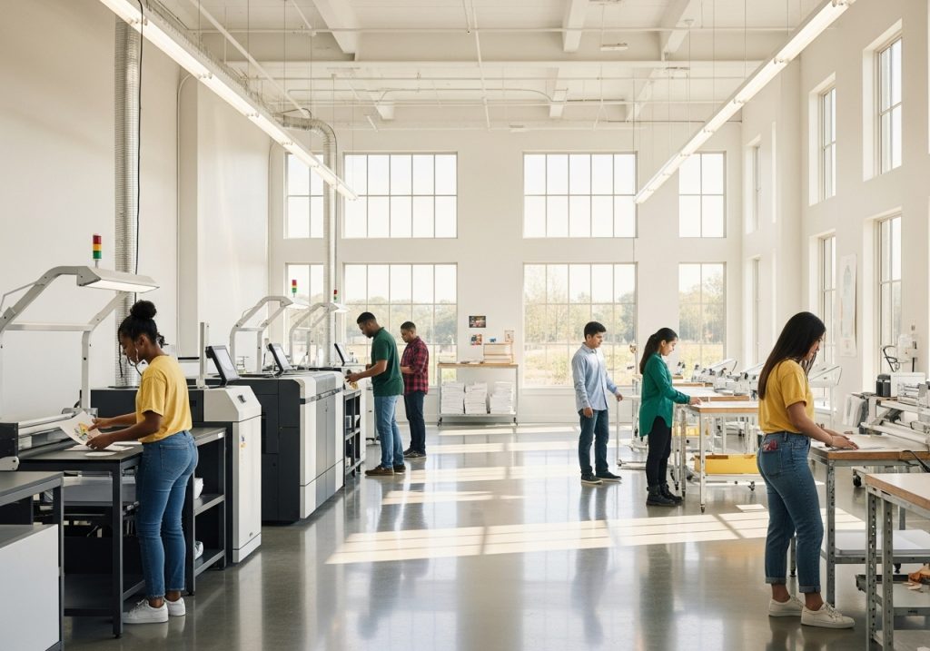AI illustration of a print-on-demand facility