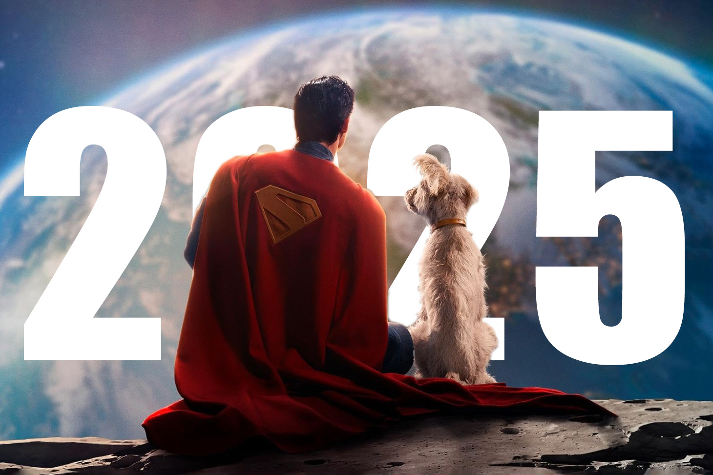 Article cover showing Superman sitting along with a dog on the moon surface watching earth