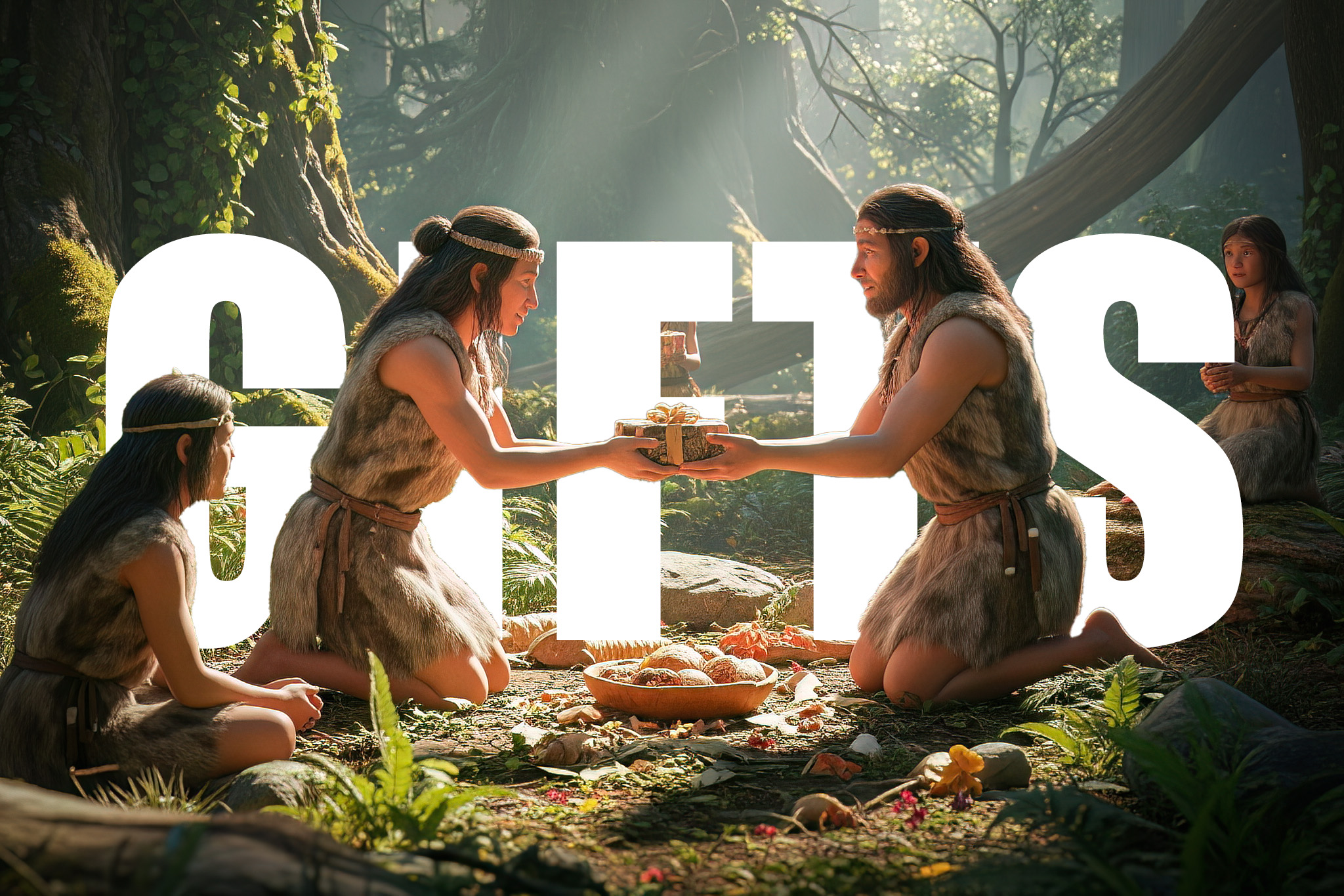 Cover image for the blog post of two primal humans exchanging gift.