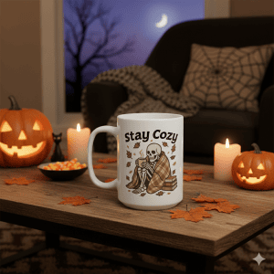 Cozy Halloween Ceramic Mug, Fall Coffee Cup, Witch Decor, Gift for Book Lovers, Seasonal Drinkware, Cute Tea Mug with Leaves
