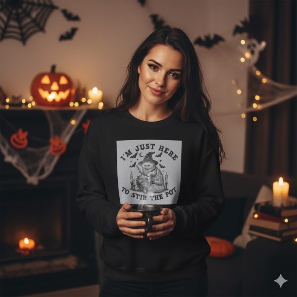 Cozy Witchy Gildan Sweatshirt with Stir the Pot Graphic, Fall Fashion, Halloween Apparel