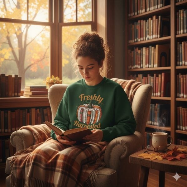 Teen & Kids Sweatshirt of Fall Book Pumpkin, Cozy Fall Kid's Apparel, Gildan Book Lover Gift