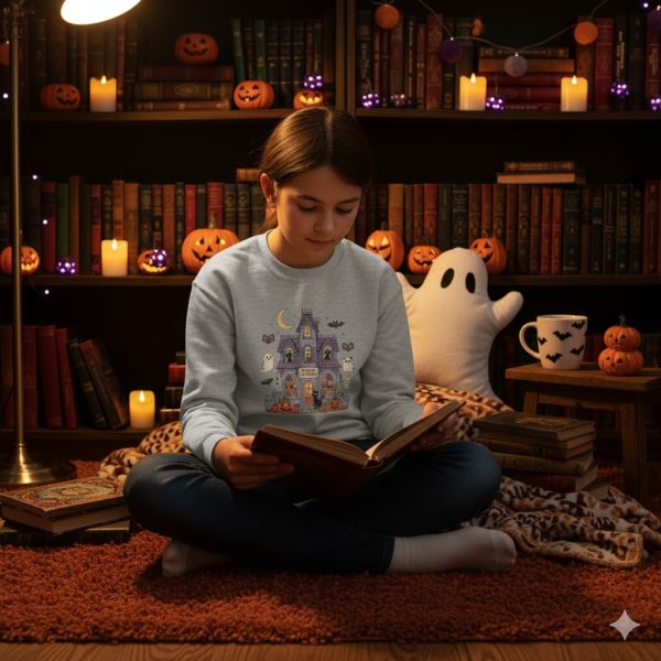 Teen & Kids Sweatshirt of Haunted Bookstore, Spooky Halloween Kid's Apparel, Gildan Fall Fashion for Kids