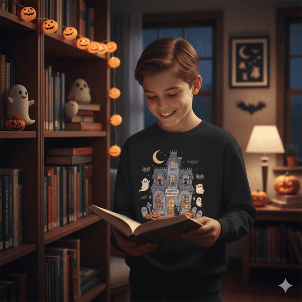 Teen & Kids Sweatshirt of Haunted Bookstore, Spooky Halloween Kid's Apparel, Gildan Fall Fashion for Kids
