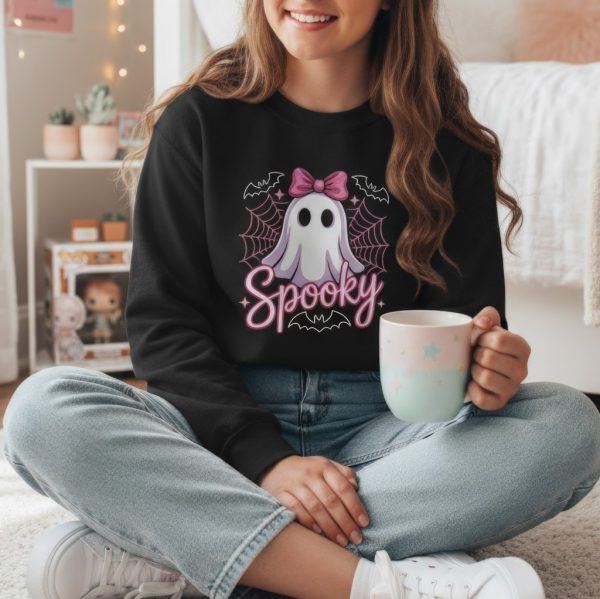 Teen & Kids Sweatshirt of Spooky Ghost - Cute Halloween Gift, Girly Fall Apparel, Cozy Outfit, Trick or Treat, Ghost Lover Tee