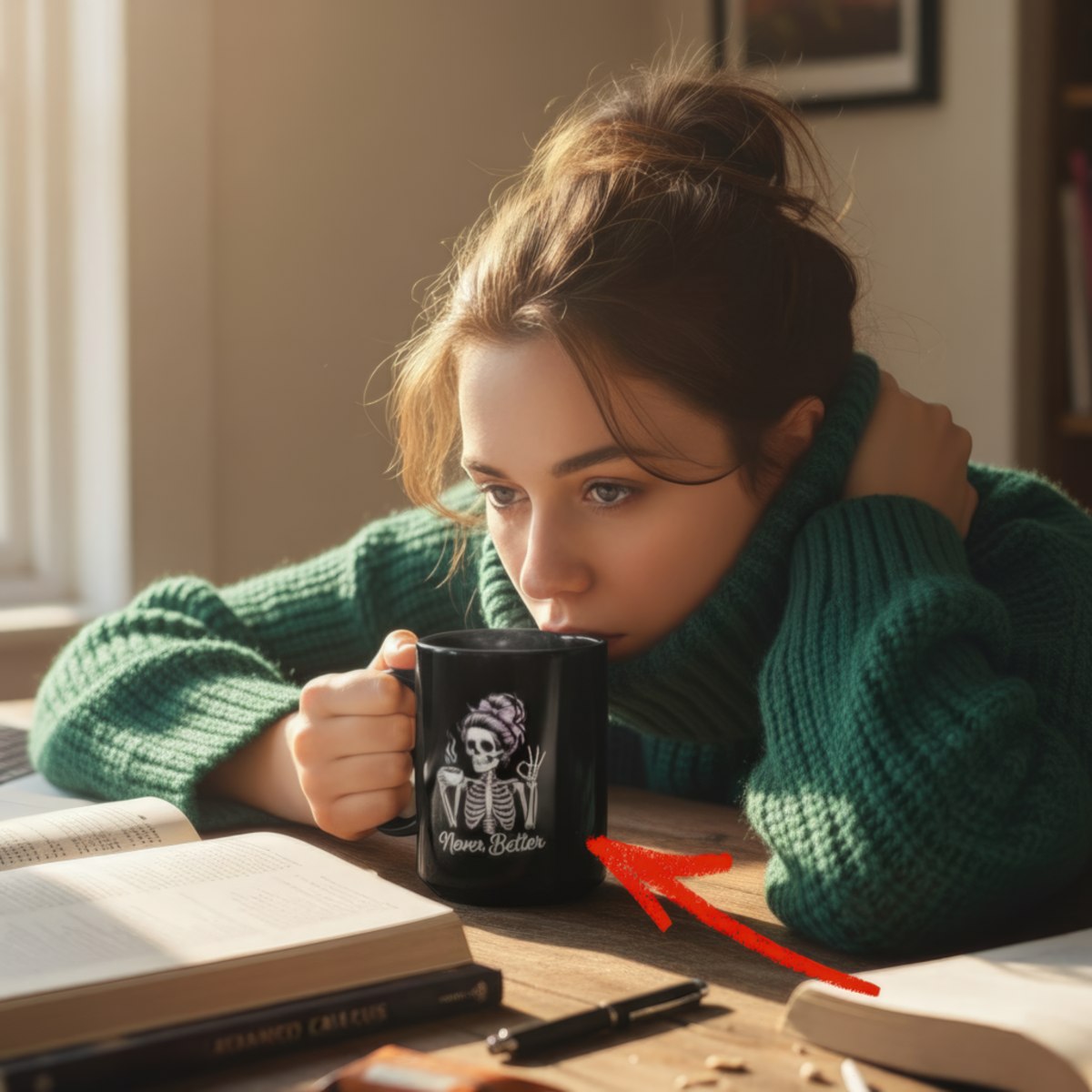 10oz/15oz Messy Bun Skeleton Coffee Mug | Never Better Humorous Goth Mom Mug | Spooky Season Gift for Her | Black Ceramic Halloween Drinkware
