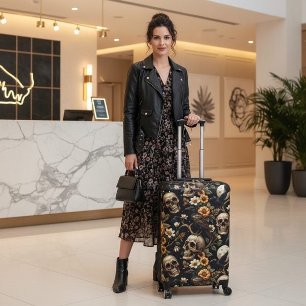 3 Sizes Suitcases of Gothic Floral & Skulls - Edgy Black and Gold Luggage for Dark Academia Travel