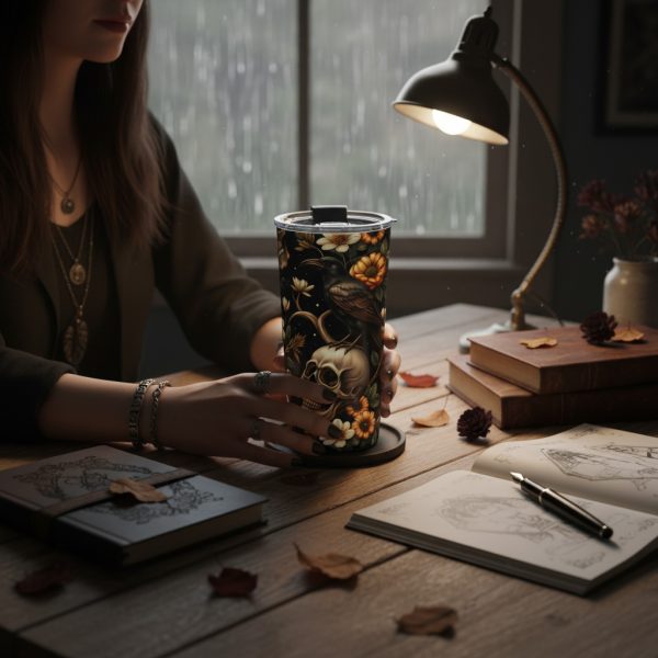 Dark Academia Aesthetic Mug, Luxury Black & Gold Tumbler, Insulated Coffee Cup Gift for Her, Prestige Fashion