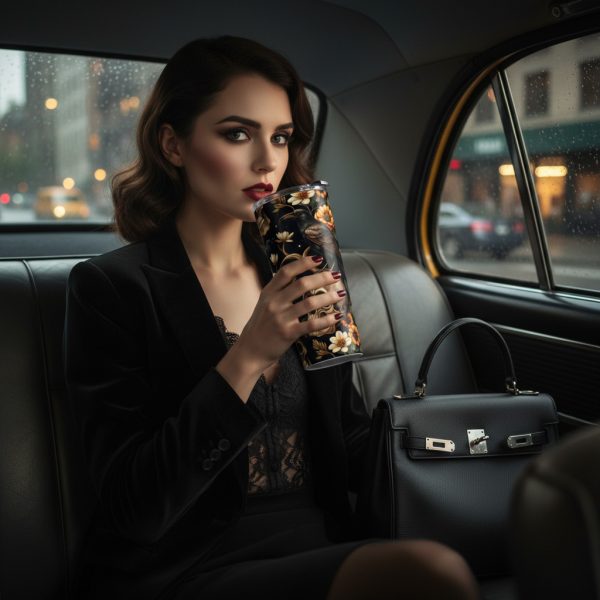 Dark Academia Aesthetic Mug, Luxury Black & Gold Tumbler, Insulated Coffee Cup Gift for Her, Prestige Fashion