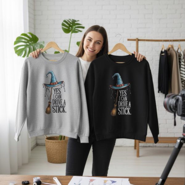 Funny Witch Sweatshirt - 'Yes I Can Drive a Stick' Broom & Hat Design - Cozy Halloween & Fall Crewneck - Unique Gift for Witches & Magic Lovers