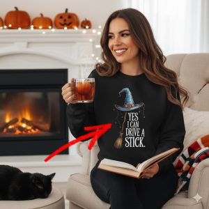 Funny Witch Sweatshirt - 'Yes I Can Drive a Stick' Broom & Hat Design - Cozy Halloween & Fall Crewneck - Unique Gift for Witches & Magic Lovers