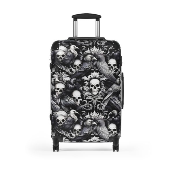 Gothic Raven and Skull Print Hardshell Luggage | Dark Aesthetic Witchy Suitcase | Alternative Black Vacation Travel Bag
