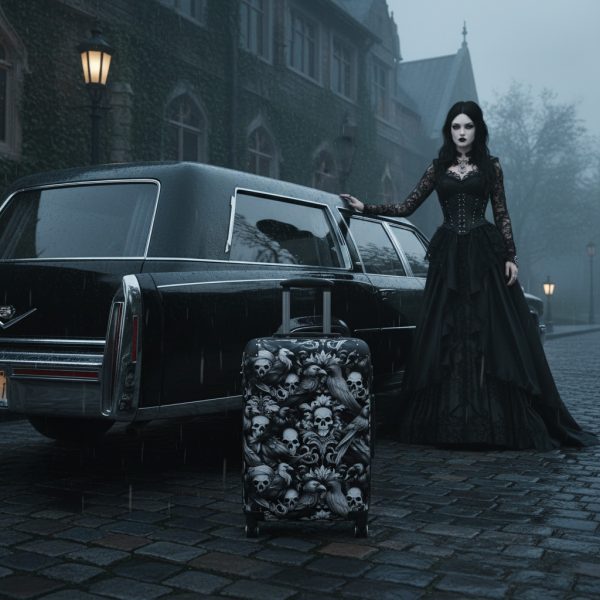 Gothic Raven and Skull Print Hardshell Luggage | Dark Aesthetic Witchy Suitcase | Alternative Black Vacation Travel Bag
