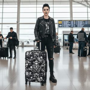 Gothic Raven and Skull Print Hardshell Luggage | Dark Aesthetic Witchy Suitcase | Alternative Black Vacation Travel Bag