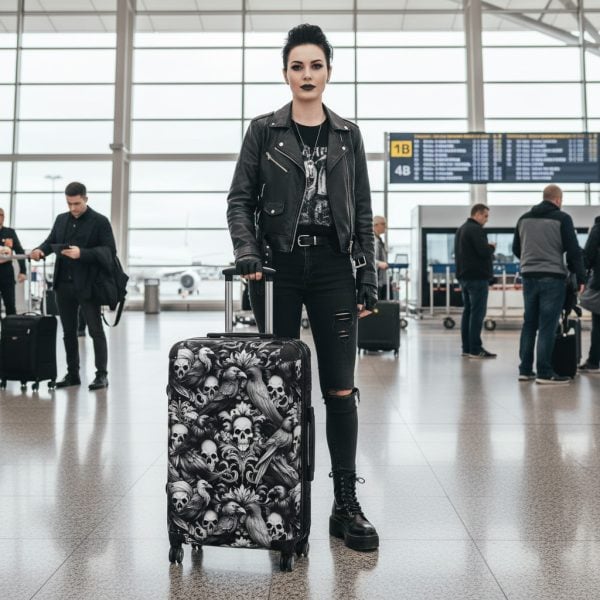 Gothic Raven and Skull Print Hardshell Luggage | Dark Aesthetic Witchy Suitcase | Alternative Black Vacation Travel Bag