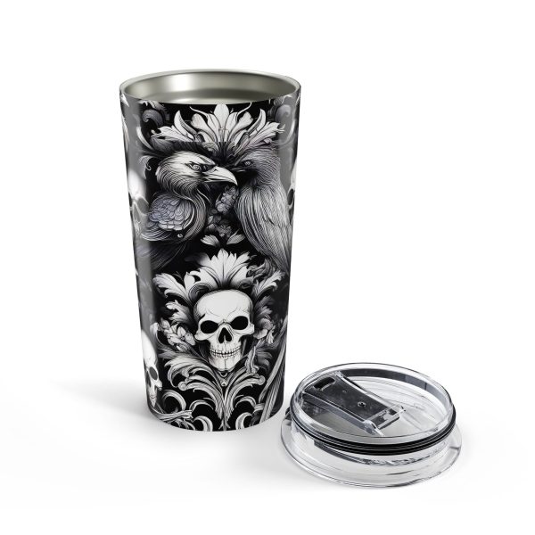 Gothic Raven Skull Tumbler for Goth Car Accessories, Heavy Makeup Dark Academia Travel Mug, Black and White Spooky Gift for Her