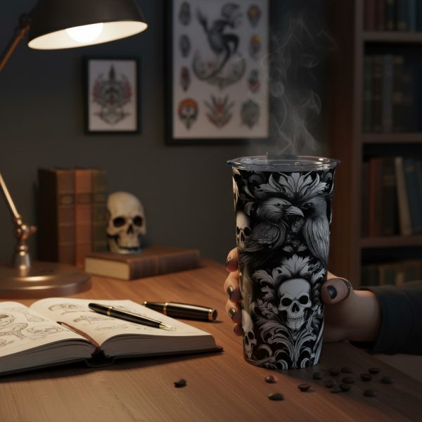 Gothic Raven Skull Tumbler for Goth Car Accessories, Heavy Makeup Dark Academia Travel Mug, Black and White Spooky Gift for Her