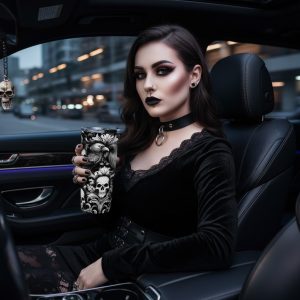 Gothic Raven Skull Tumbler for Goth Car Accessories, Heavy Makeup Dark Academia Travel Mug, Black and White Spooky Gift for Her