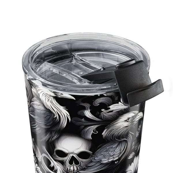 Gothic Raven Skull Tumbler for Goth Car Accessories, Heavy Makeup Dark Academia Travel Mug, Black and White Spooky Gift for Her
