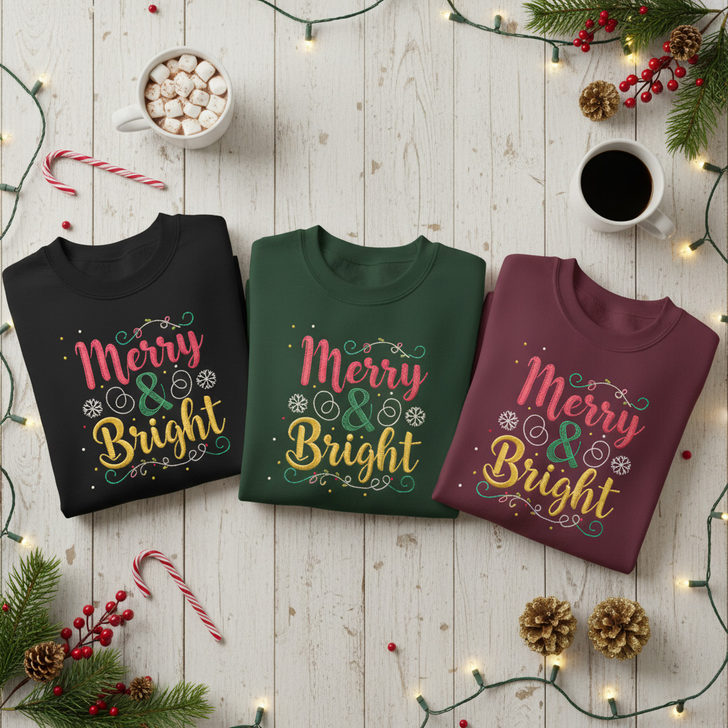Kids Merry & Bright Christmas Sweatshirt, Cozy Faux Embroidery Yarn Print, Youth Holiday Crewneck Jumper, Festive Maroon Green Sweater for Girls/Boys
