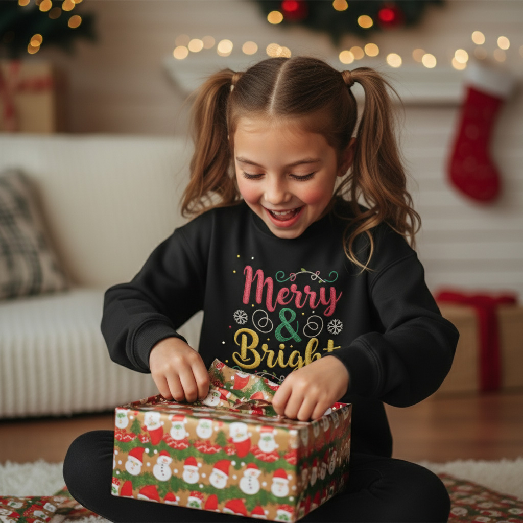 Kids Merry & Bright Christmas Sweatshirt, Cozy Faux Embroidery Yarn Print, Youth Holiday Crewneck Jumper, Festive Maroon Green Sweater for Girls/Boys