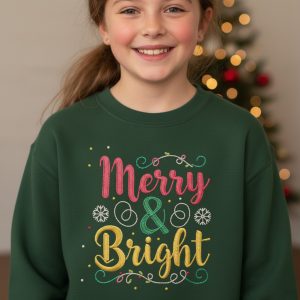 Kids Merry & Bright Christmas Sweatshirt, Cozy Faux Embroidery Yarn Print, Youth Holiday Crewneck Jumper, Festive Maroon Green Sweater for Girls/Boys