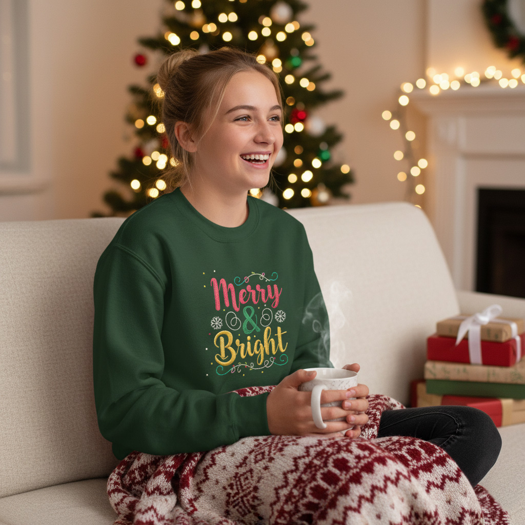 Kids Merry & Bright Christmas Sweatshirt, Cozy Faux Embroidery Yarn Print, Youth Holiday Crewneck Jumper, Festive Maroon Green Sweater for Girls/Boys