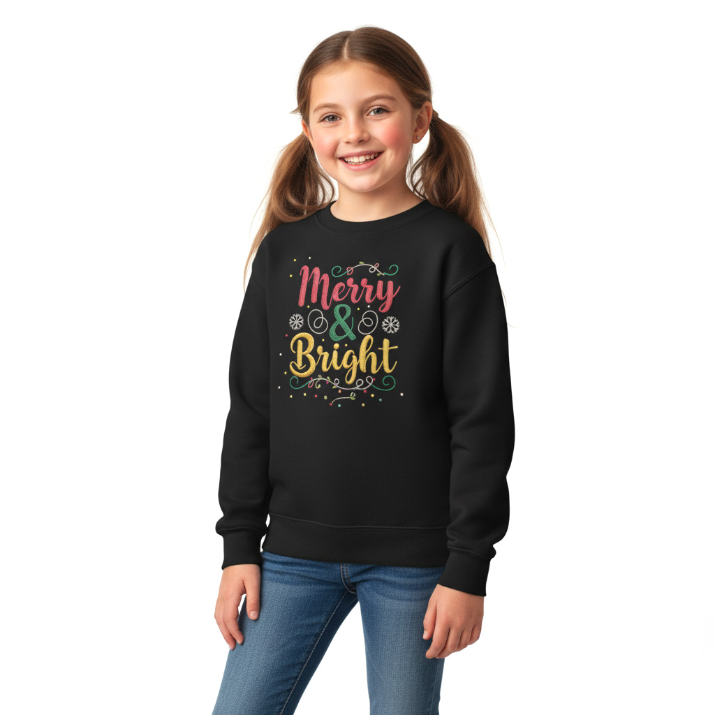Kids Merry & Bright Christmas Sweatshirt, Cozy Faux Embroidery Yarn Print, Youth Holiday Crewneck Jumper, Festive Maroon Green Sweater for Girls/Boys