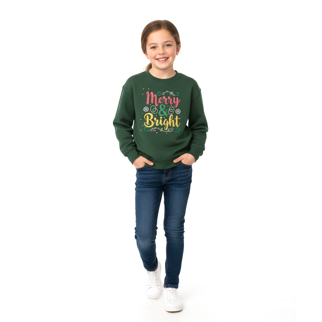 Kids Merry & Bright Christmas Sweatshirt, Cozy Faux Embroidery Yarn Print, Youth Holiday Crewneck Jumper, Festive Maroon Green Sweater for Girls/Boys