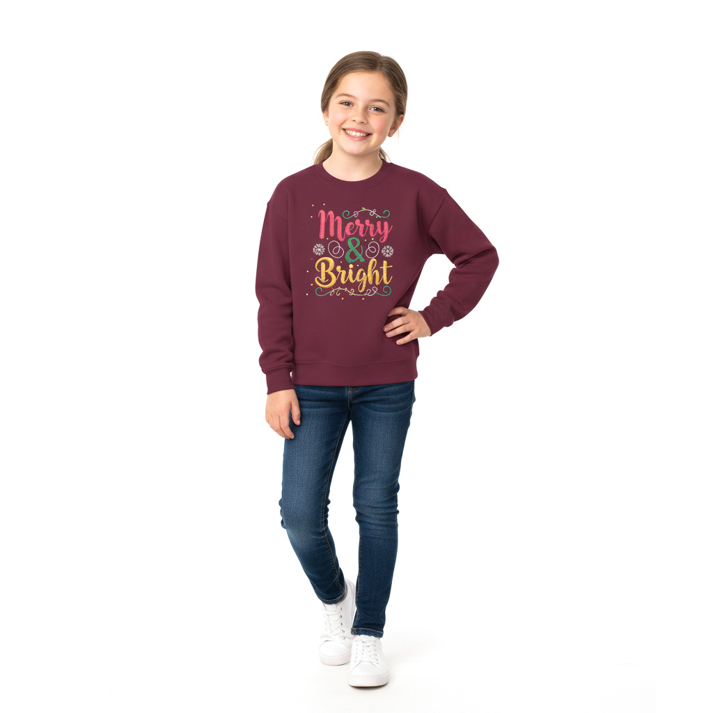 Kids Merry & Bright Christmas Sweatshirt, Cozy Faux Embroidery Yarn Print, Youth Holiday Crewneck Jumper, Festive Maroon Green Sweater for Girls/Boys
