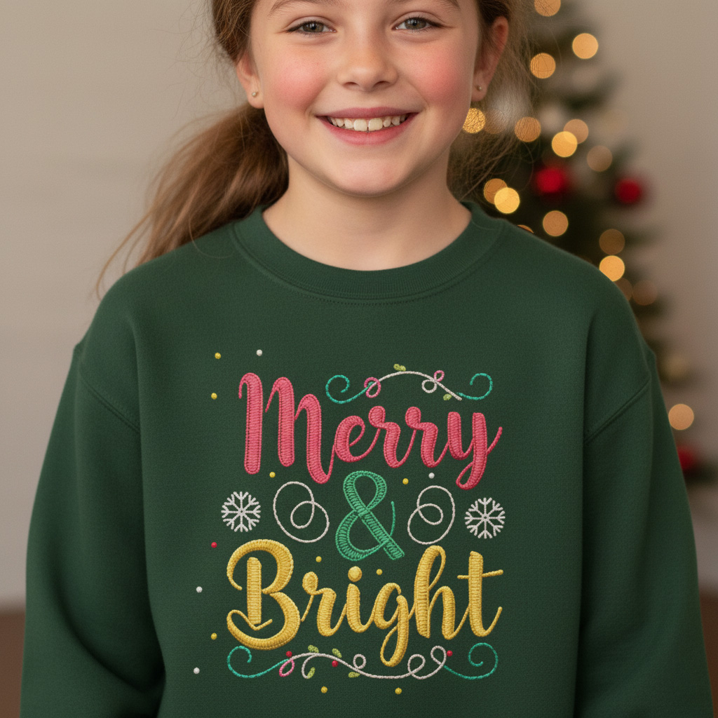 Kids Merry & Bright Christmas Sweatshirt, Cozy Faux Embroidery Yarn Print, Youth Holiday Crewneck Jumper, Festive Maroon Green Sweater for Girls/Boys