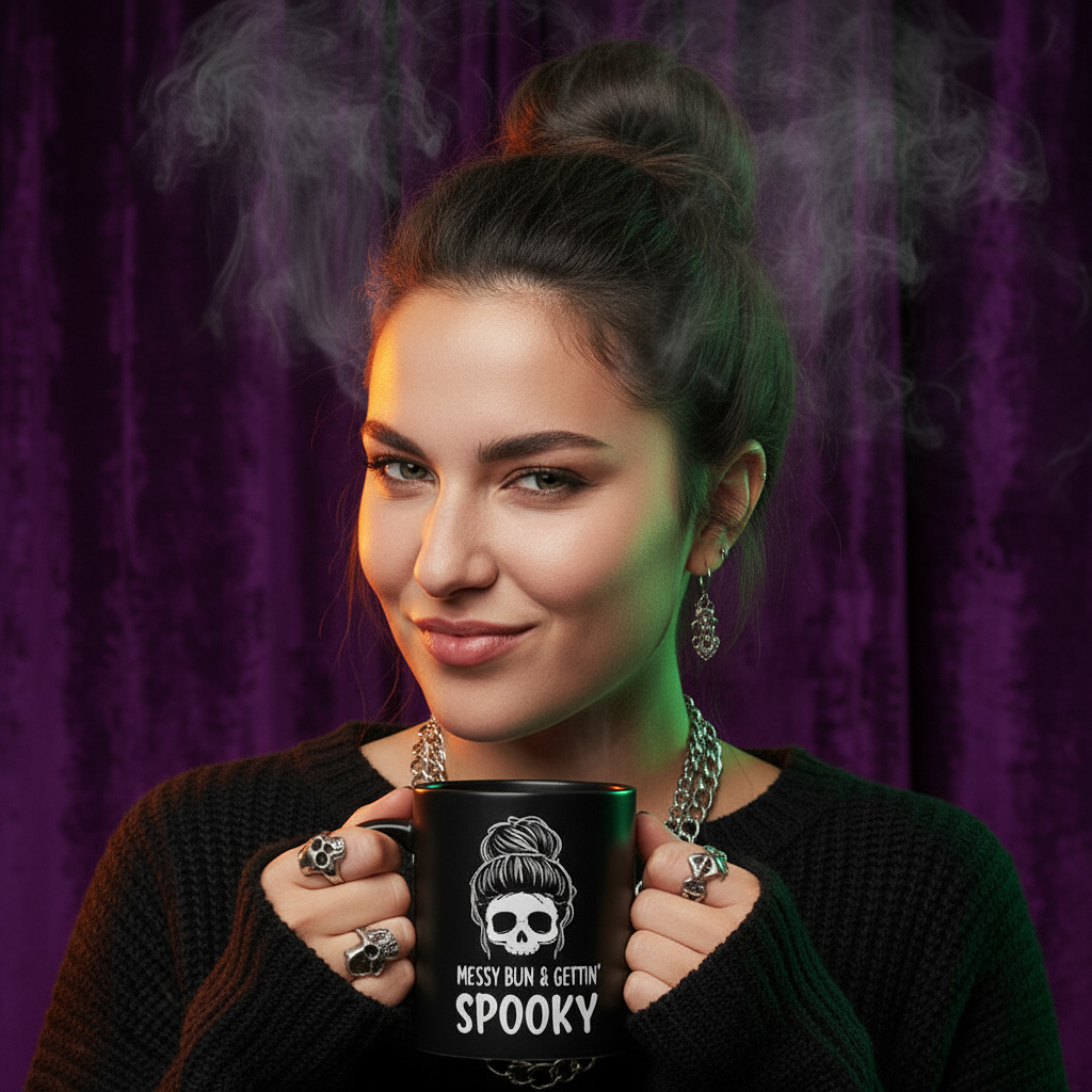 Messy Bun Skull Mug | Funny Halloween Coffee Cup | Goth Mom Gift | Spooky Season Drinkware | Black Ceramic 11oz 15oz