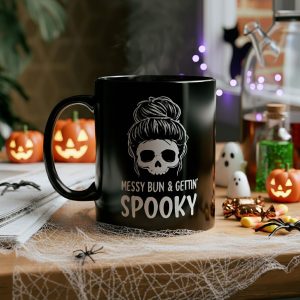 Messy Bun Skull Mug | Funny Halloween Coffee Cup | Goth Mom Gift | Spooky Season Drinkware | Black Ceramic 11oz 15oz