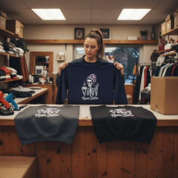 Never Better Skeleton Sweatshirt - Funny Coffee Skull Crewneck, Purple Messy Bun Goth Mom Gift, Cute Halloween Spooky Season Sweater