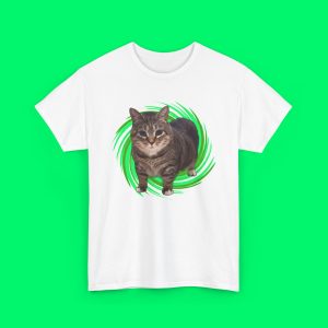 Spinning Cat Meme T-Shirt | Adorable Tabby Cat Lover Gift | Cute Pet Apparel with Green Text | Unisex Softstyle Shirt