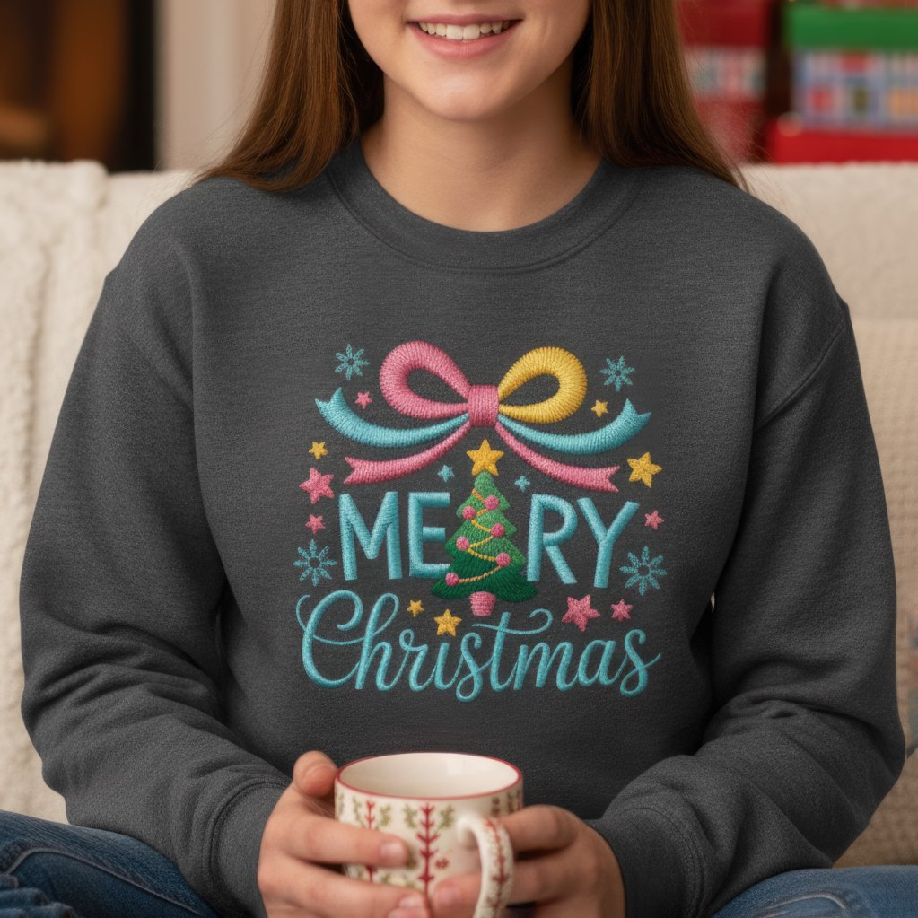 Teen Girl Christmas Sweatshirt | Faux Yarn Print 'Merry Christmas' Crewneck | Festive Holiday Sweater | Youth Size Dark Heather/Maroon/Forest Green"