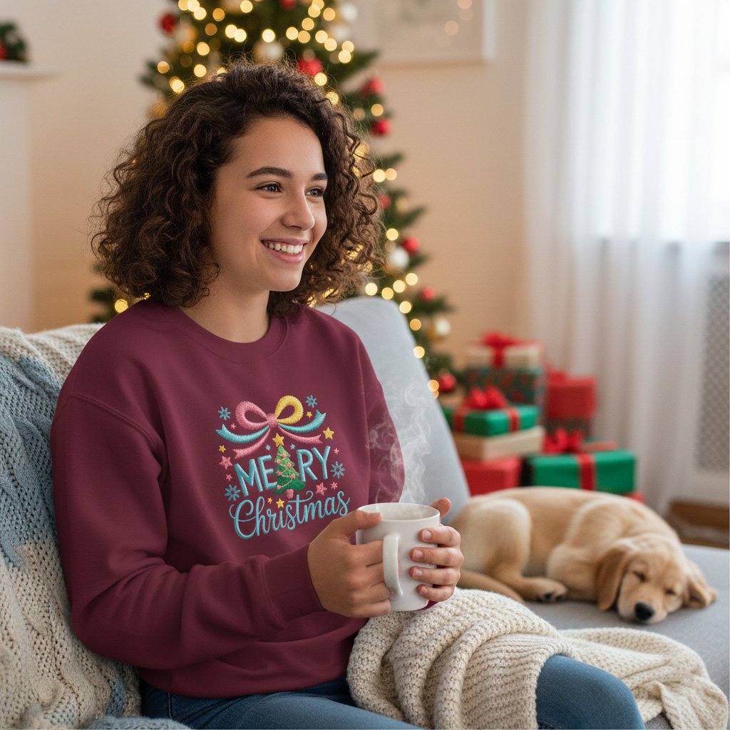 Teen Girl Christmas Sweatshirt | Faux Yarn Print 'Merry Christmas' Crewneck | Festive Holiday Sweater | Youth Size Dark Heather/Maroon/Forest Green"