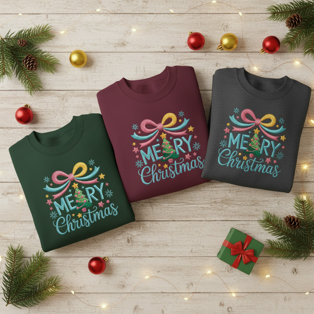 Teen Girl Christmas Sweatshirt | Faux Yarn Print 'Merry Christmas' Crewneck | Festive Holiday Sweater | Youth Size Dark Heather/Maroon/Forest Green"
