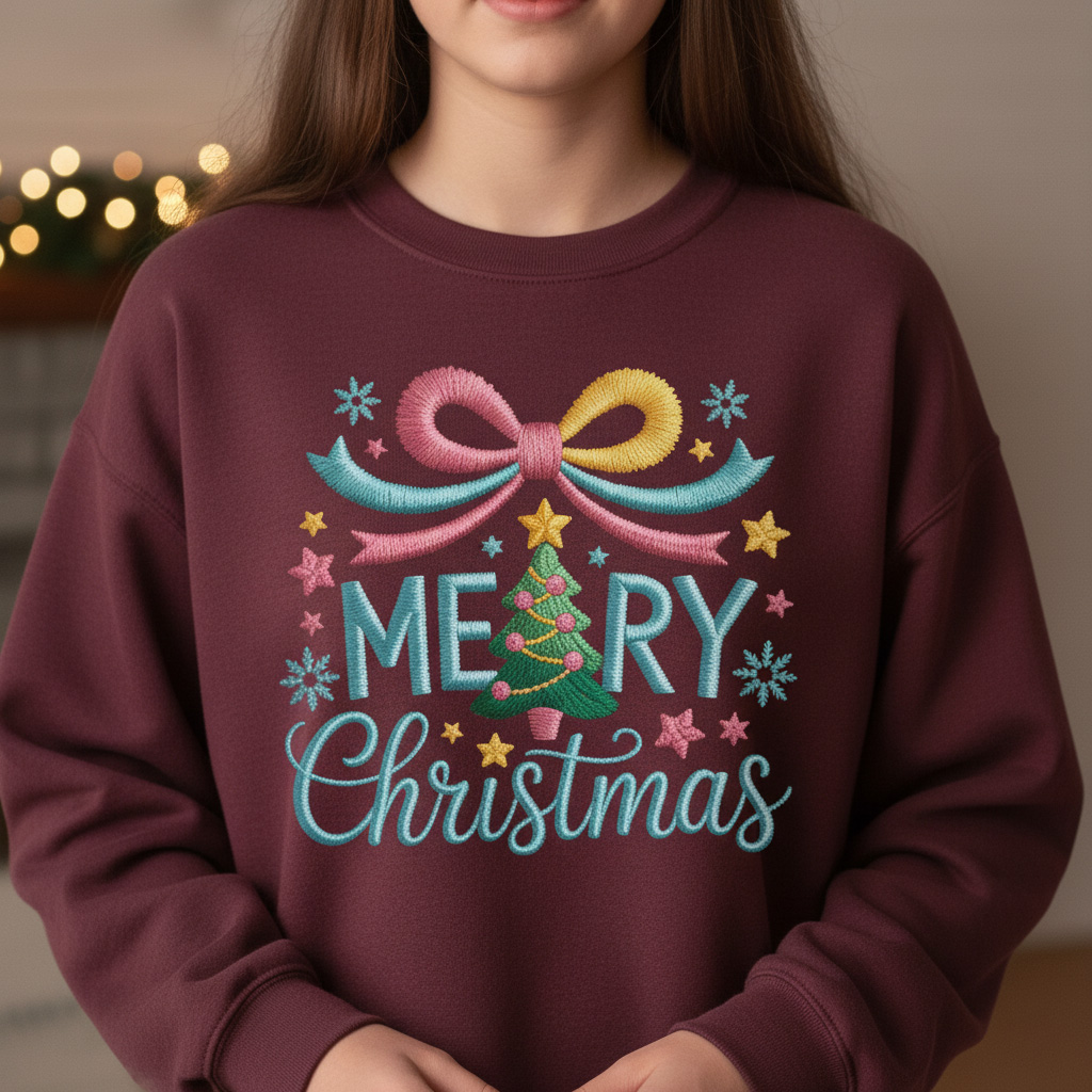 Teen Girl Christmas Sweatshirt | Faux Yarn Print 'Merry Christmas' Crewneck | Festive Holiday Sweater | Youth Size Dark Heather/Maroon/Forest Green"