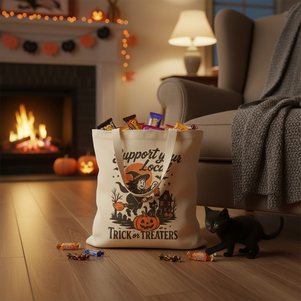 Treats Bag for Halloween | Support Your Local Trick or Treaters Tote Bag | Vintage Canvas Shopper | Spooky Eco-Friendly Gift