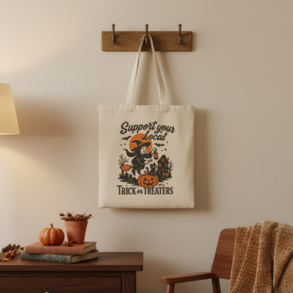 Treats Bag for Halloween | Support Your Local Trick or Treaters Tote Bag | Vintage Canvas Shopper | Spooky Eco-Friendly Gift