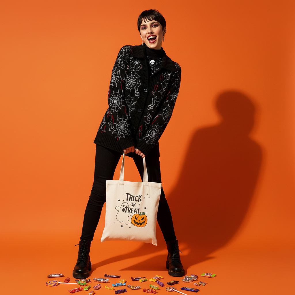 "Trick or Treat" Ghost Pumpkin Canvas Tote Bag | Spooky Cute Halloween Reusable Shopping Bag | Aesthetic Fall Graphic Natural Cotton Shoulder Bag