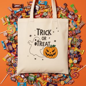 "Trick or Treat" Ghost Pumpkin Canvas Tote Bag | Spooky Cute Halloween Reusable Shopping Bag | Aesthetic Fall Graphic Natural Cotton Shoulder Bag