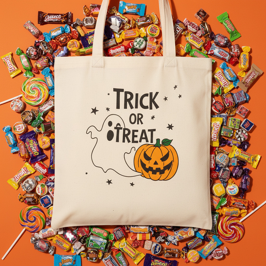 "Trick or Treat" Ghost Pumpkin Canvas Tote Bag | Spooky Cute Halloween Reusable Shopping Bag | Aesthetic Fall Graphic Natural Cotton Shoulder Bag