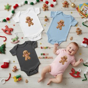 Baby's First Christmas Faux Yarn Gingerbread Bodysuit | Gender Neutral Holiday Baby Shower Gift | Newborn to 24M Festive One-Piece Tee