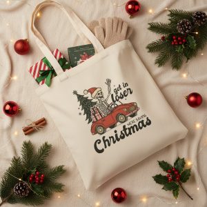 Funny Christmas Tote Bag, Get In Loser We're Saving Christmas, Skeleton Santa Bag, Reusable Canvas Shopper, Unique Xmas Present