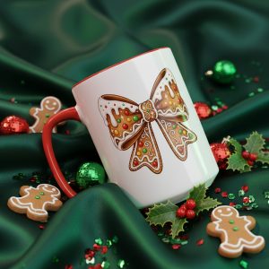 Gingerbread Bow Mug, Christmas Cookie Design, Festive Red Handle Coffee Cup, 11/15oz Holiday Hot Chocolate Drinkware, Unique Gift for Bakers